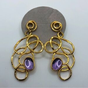 VINTAGE Gold Tone Faux Amethyst Abstract Swirl Large Statement Stud Earrings 3”